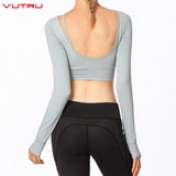 Vutru Sexy U Shape Back Fitness Tshirts Slim Workout Cropped Yoga Shirts Solid Long Sleeve Sports Wear For Women Gym Crop Top