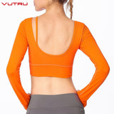 Vutru Sexy U Shape Back Fitness Tshirts Slim Workout Cropped Yoga Shirts Solid Long Sleeve Sports Wear For Women Gym Crop Top