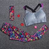 Women Yoga Fitness Sports Sets Gym Workout Sportswear 3pcs/Set Tracksuits Headband+Bra+Printed Yoga Pants Sport Leggings Suits