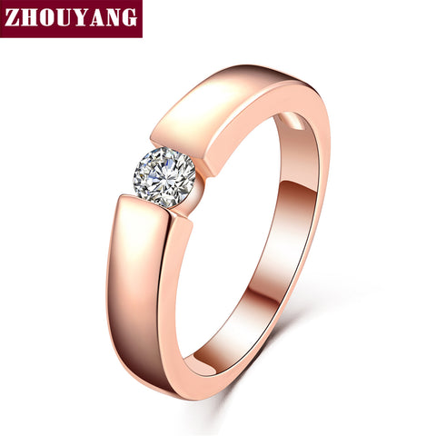 ZHOUYANG 4.5mm Hearts and Arrows Cubic Zirconia Wedding Ring Rose Gold & Silver Color Classical Finger Ring R400 R406