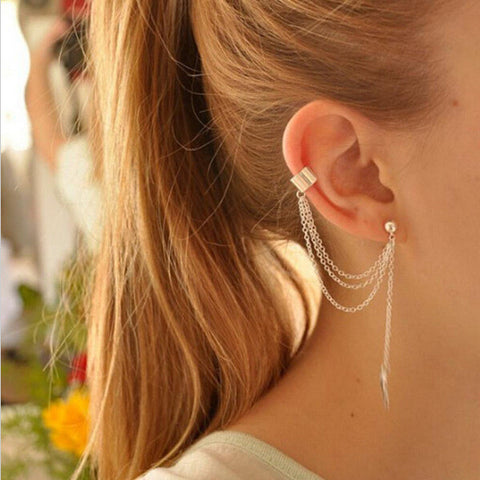 Silver Ear Clip Leaf Tassel Earring