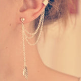 Silver Ear Clip Leaf Tassel Earring