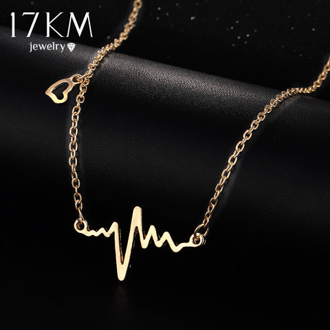 17KM Simple Wave Heart Necklaces & Pendants Gold Color Heartbeat Maxi Steampunk collares Vintage Lightning Necklace
