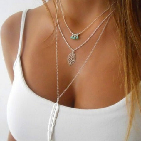 2016 Gold Silver Chain Long Feather Necklace For Women Choker Necklace Pendants Chocker Collier Femme Colares mujer Jewlery