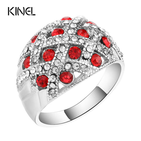 Kinel Vintage Jewelry Engagement Rings For Women Silver Plated Retro Look Big Oval Red Austrian Crystal Ring