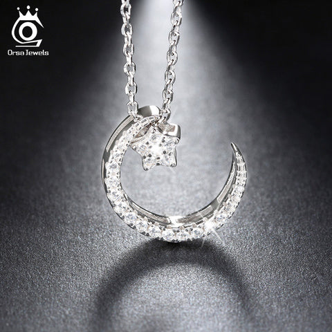 925 Sterling Silver Moon Star Pendant Necklaces with Austrian Crystal