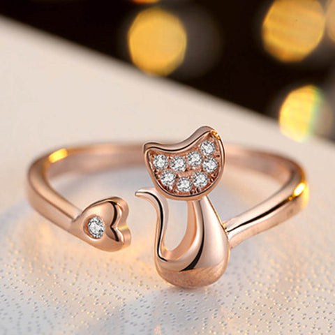 Delicate Silver Gold Tone Cat Ring