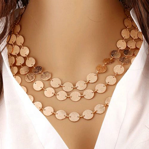 Fashion Charm Jewelry 3 Chain Metal Grind Discs Pendant Choker Chunky Statement Bib Necklace For Women