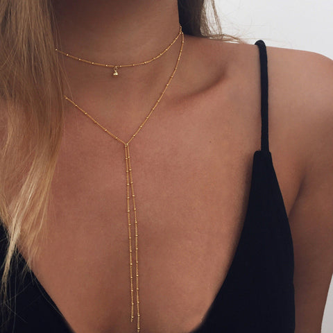 Delicate Women Necklace, Y Lariat Necklace, Dainty Gold Beaded Chain, Choker Necklace