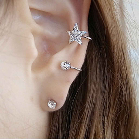 Ear Cuff Wrap Earrings On Set For Left Ear Star dull silver color Clear Rhinestone W/Stoppers 22 x 17mm, 1 PC