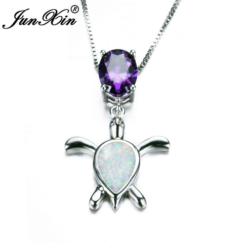 JUNXIN Women White Opal Turtle Necklace Purple Oval Necklaces 925 Sterling Silver Filled Necklaces Pendants Animal Jewelry Gift