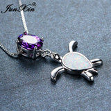 JUNXIN Women White Opal Turtle Necklace Purple Oval Necklaces 925 Sterling Silver Filled Necklaces Pendants Animal Jewelry Gift