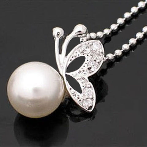 SUSENSTONE New White Korean Butterfly Beads White Pearl Alloy Pendant Necklace Butterfly temperament All-match Pearl Necklace 40