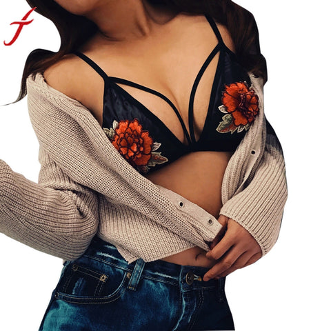 Women Bandage Appliques Lace Bralette Bustier Crop Top Sheer Triangle Unpadded Bra