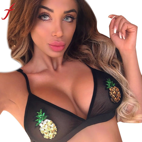 2017 Fashion New Sexy Bra Women Sequins Pineapple Bralette Bustier Crop Top Sheer Triangle  3/4 Cup Bra Shirt Vest