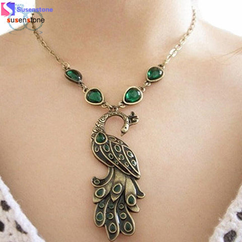 SUSENSTONE Vintage Style Pendant Chain Green Enamel Peacock Necklace Elegant