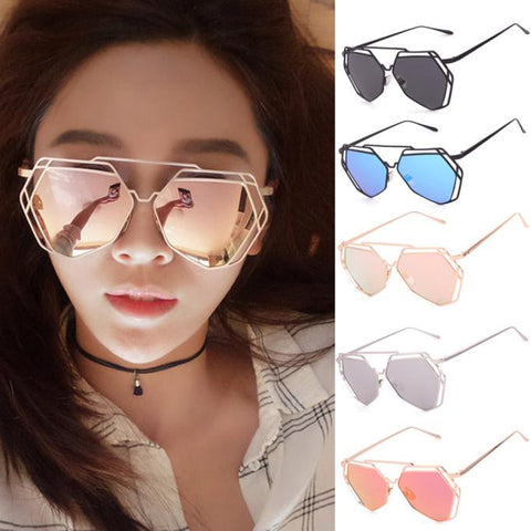 Twin-Beams Geometry Design Women Metal Frame Mirror Sunglasses Cat Eye Glasses