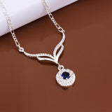 925 Sterling Silver Round Blue Stone Crystal Necklace