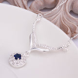 925 Sterling Silver Round Blue Stone Crystal Necklace