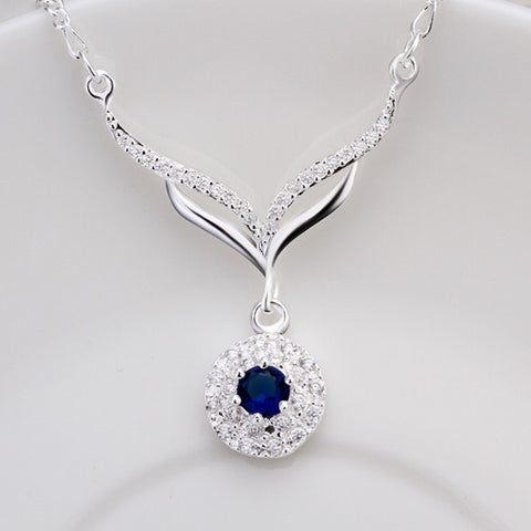 925 Sterling Silver Round Blue Stone Crystal Necklace