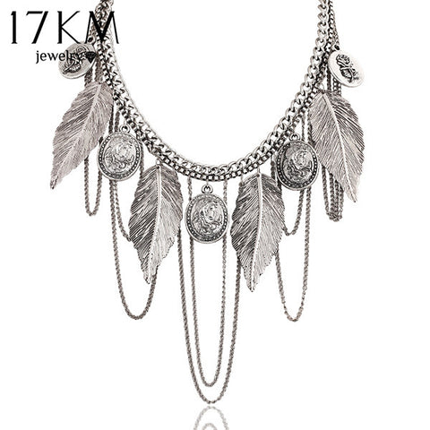 17KM New Design hot Fashion Charm Vintage choker necklace Round coin Rose Leaf Tassel Chain necklaces statement for women