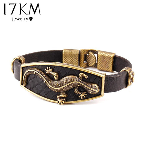 17KM Classic Animal Lizard Leather Charm Bracelet & Bangles Alloy Hook Men Bracelets Fashion Jewelry Brown Colors